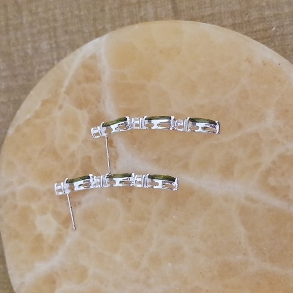 Silver Tone Peridot Green Rhinestone Crystal Drop Post Earrings - Picture 3 of 6